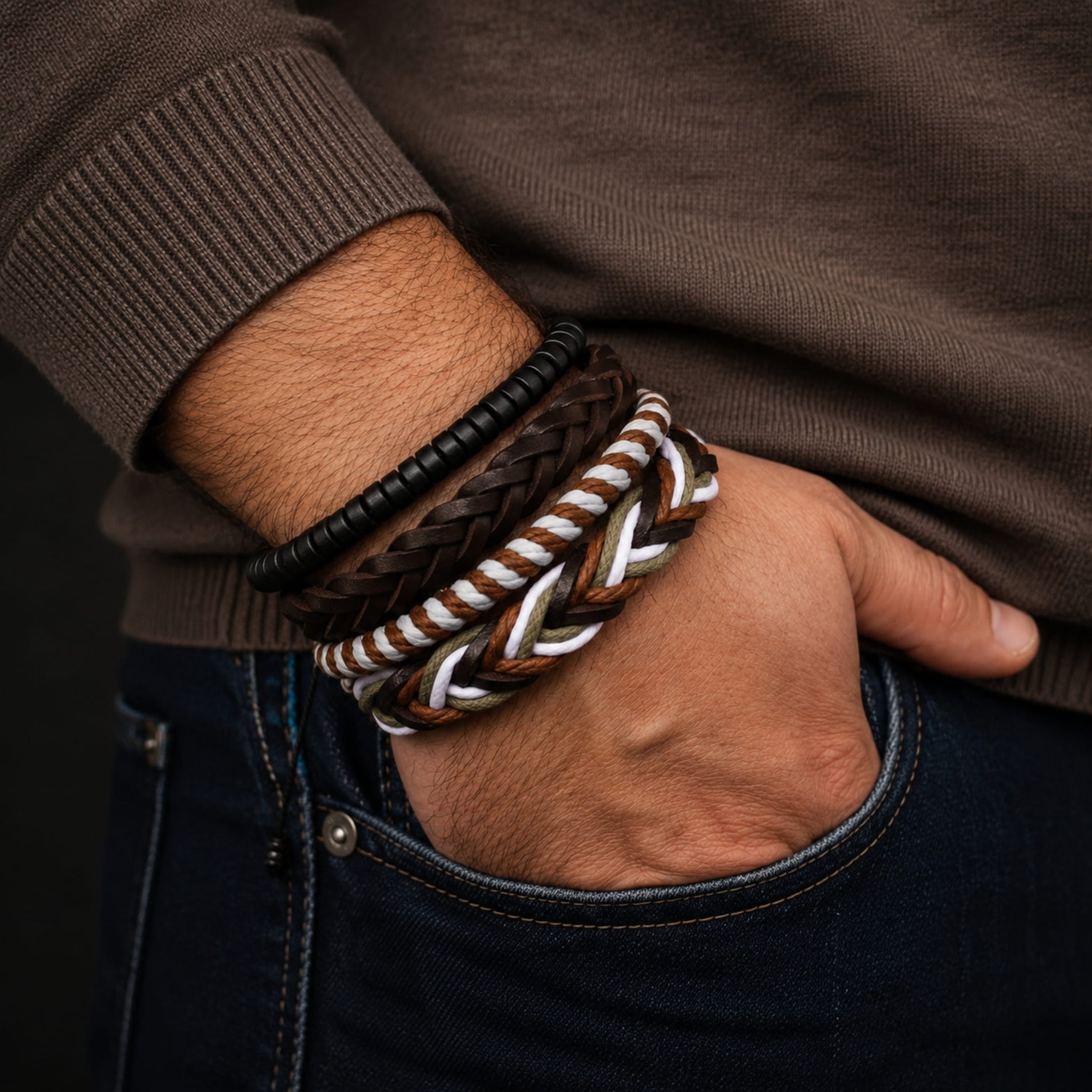 THE MEN THING Leather Bracelet DUNE BAND -  4 Pcs Genuine Braided Leather Bracelet Set for Men & Boys (8 inch)