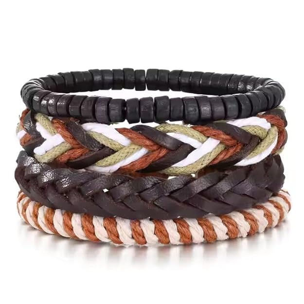 THE MEN THING Leather Bracelet DUNE BAND Set of 4 Genuine Braided Leather Adjustable Bracelets for Men & Boys – 8 Inch
