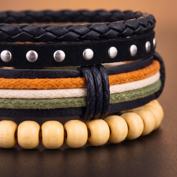 DUNE TRIBAL - 3Pcs Genuine Leather Adjustable Bracelets Set for Men & Boys (8 inch)