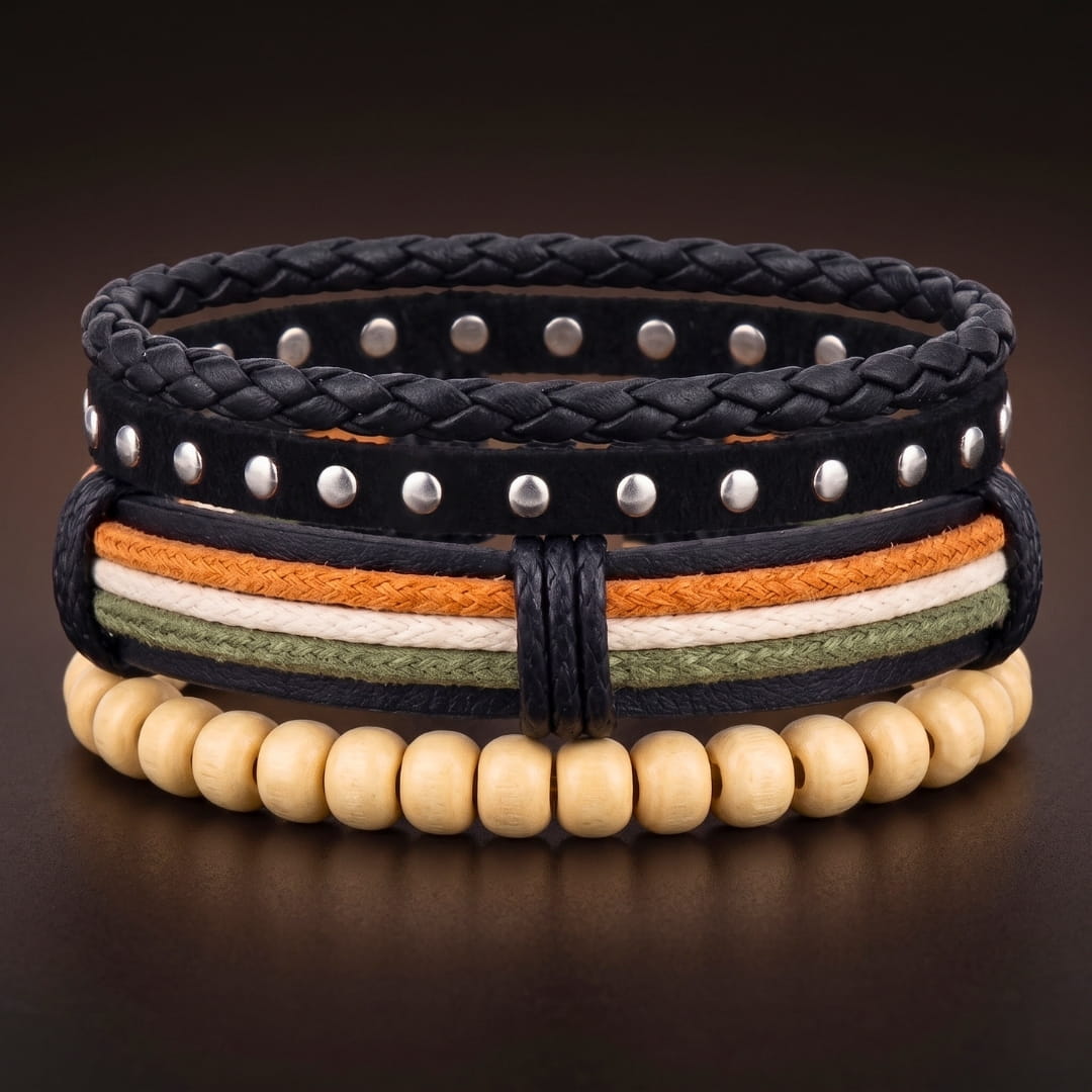 THE MEN THING Leather Bracelet DUNE TRIBAL - 3Pcs Genuine Leather Adjustable Bracelets Set for Men & Boys (8 inch)