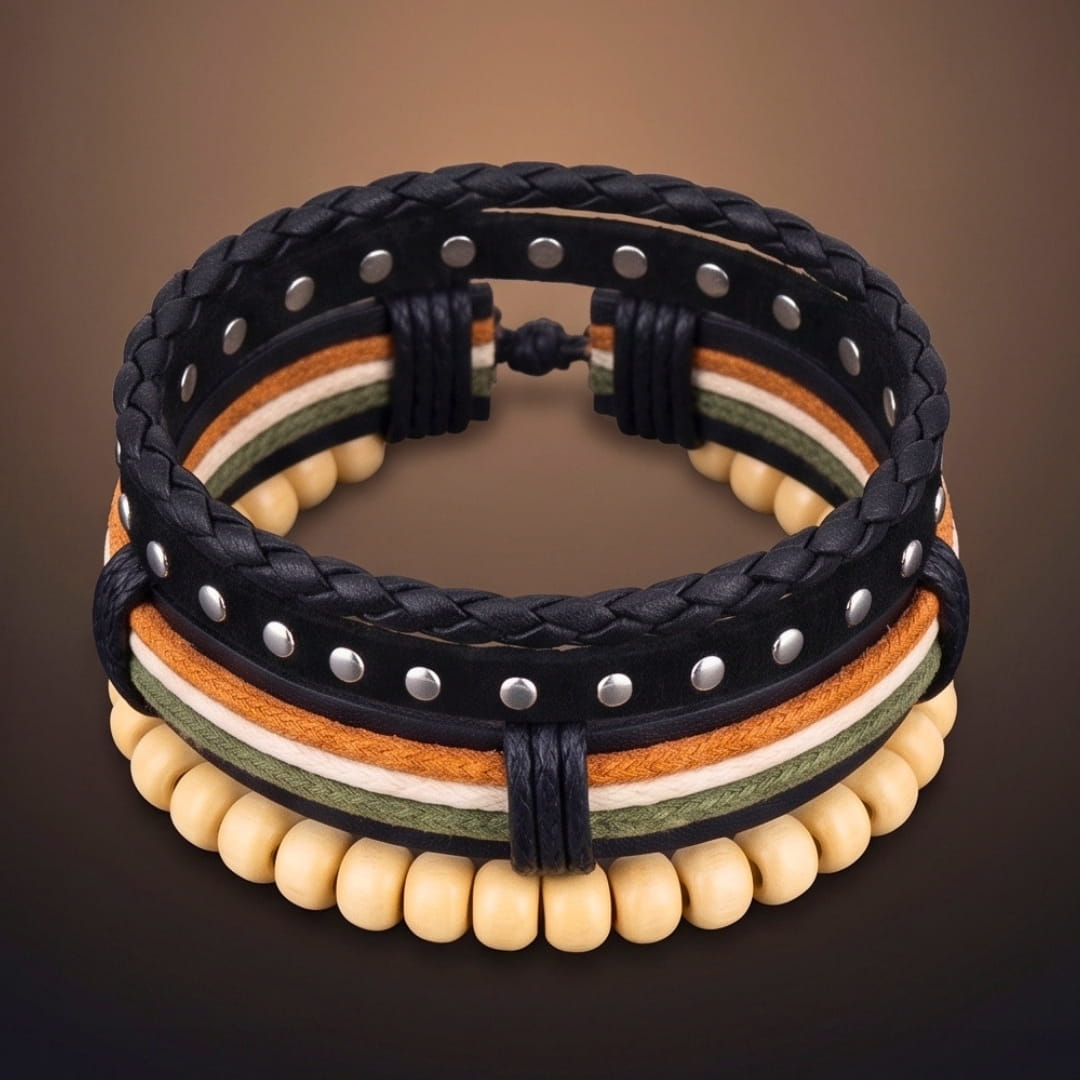 THE MEN THING Leather Bracelet DUNE TRIBAL - 3Pcs Genuine Leather Adjustable Bracelets Set for Men & Boys (8 inch)