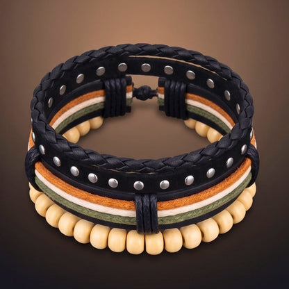 THE MEN THING Leather Bracelet DUNE TRIBAL - 3Pcs Genuine Leather Adjustable Bracelets Set for Men & Boys (8 inch)