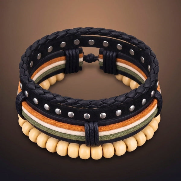 DUNE TRIBAL - 3Pcs Genuine Leather Adjustable Bracelets Set for Men & Boys (8 inch)