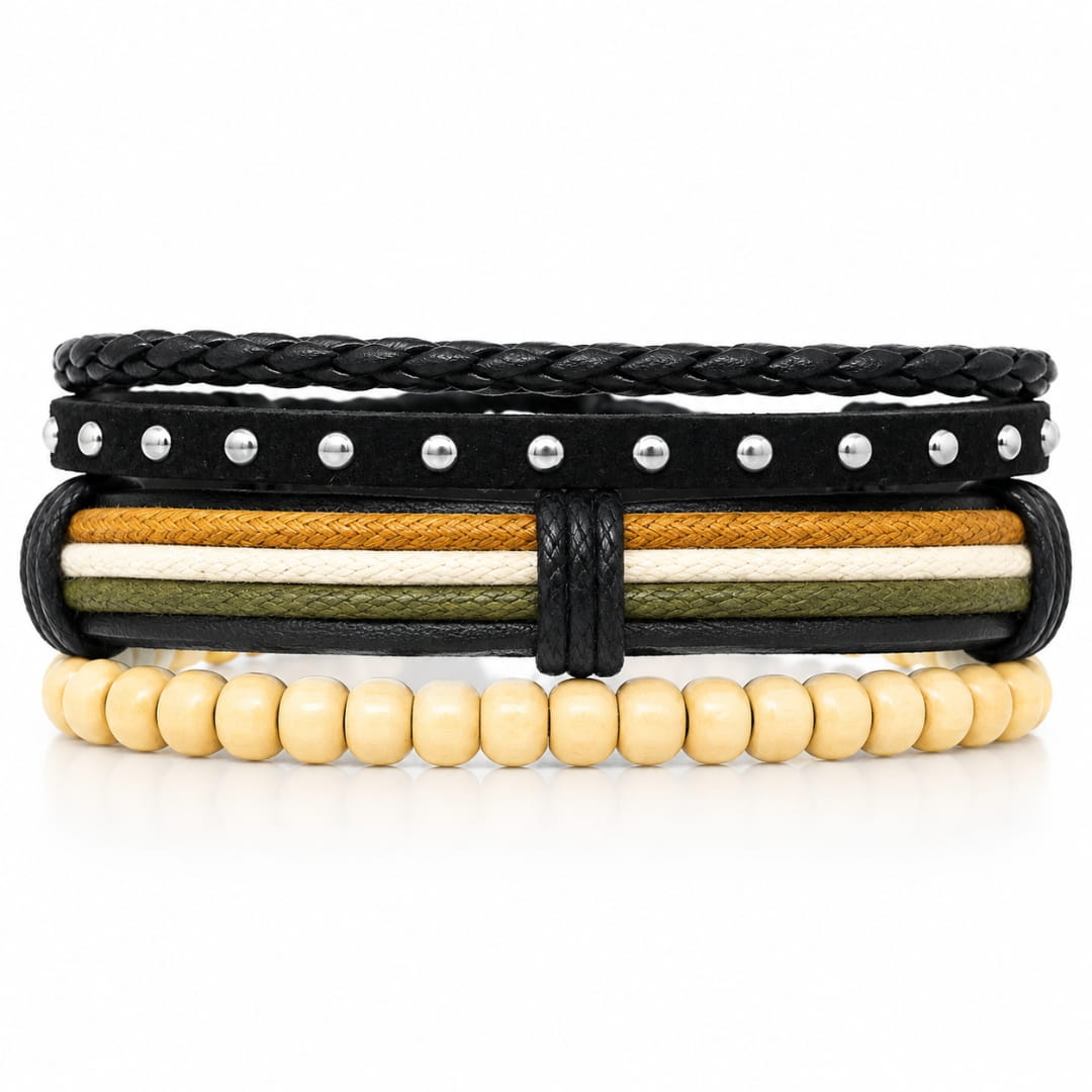 THE MEN THING Leather Bracelet DUNE TRIBAL - 3Pcs Genuine Leather Adjustable Bracelets Set for Men & Boys (8 inch)