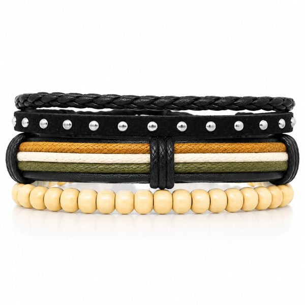 DUNE TRIBAL - 3Pcs Genuine Leather Adjustable Bracelets Set for Men & Boys (8 inch)