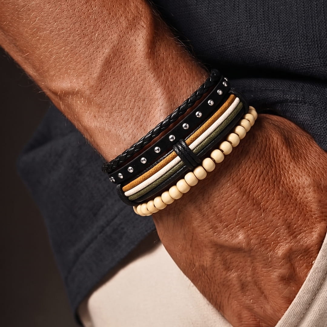 THE MEN THING Leather Bracelet DUNE TRIBAL - 3Pcs Genuine Leather Adjustable Bracelets Set for Men & Boys (8 inch)