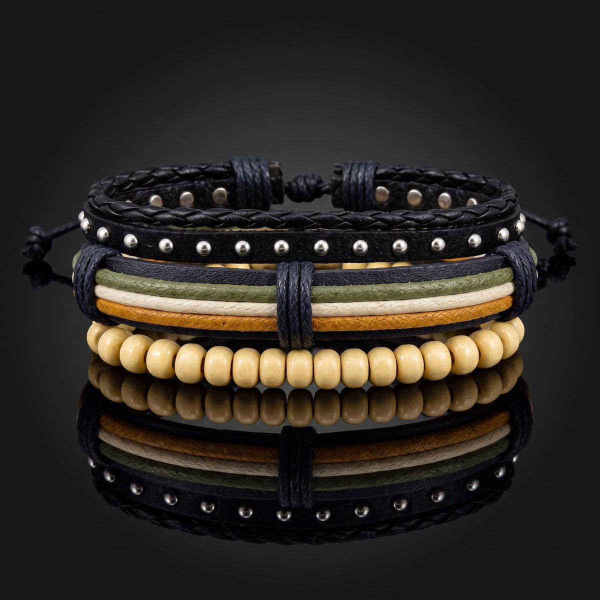THE MEN THING Leather Bracelet DUNE TRIBAL - 3Pcs Genuine Leather Adjustable Bracelets Set for Men & Boys (8 inch)