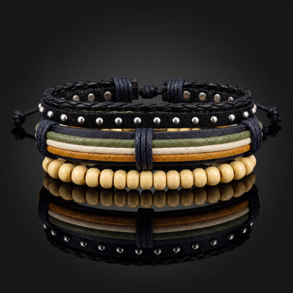 THE MEN THING Leather Bracelet DUNE TRIBAL - 3Pcs Genuine Leather Adjustable Bracelets Set for Men & Boys (8 inch)