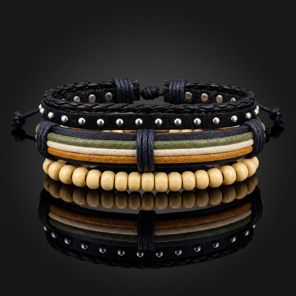 DUNE TRIBAL - 3Pcs Genuine Leather Adjustable Bracelets Set for Men & Boys (8 inch)