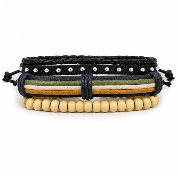 DUNE TRIBAL - 3Pcs Genuine Leather Adjustable Bracelets Set for Men & Boys (8 inch)