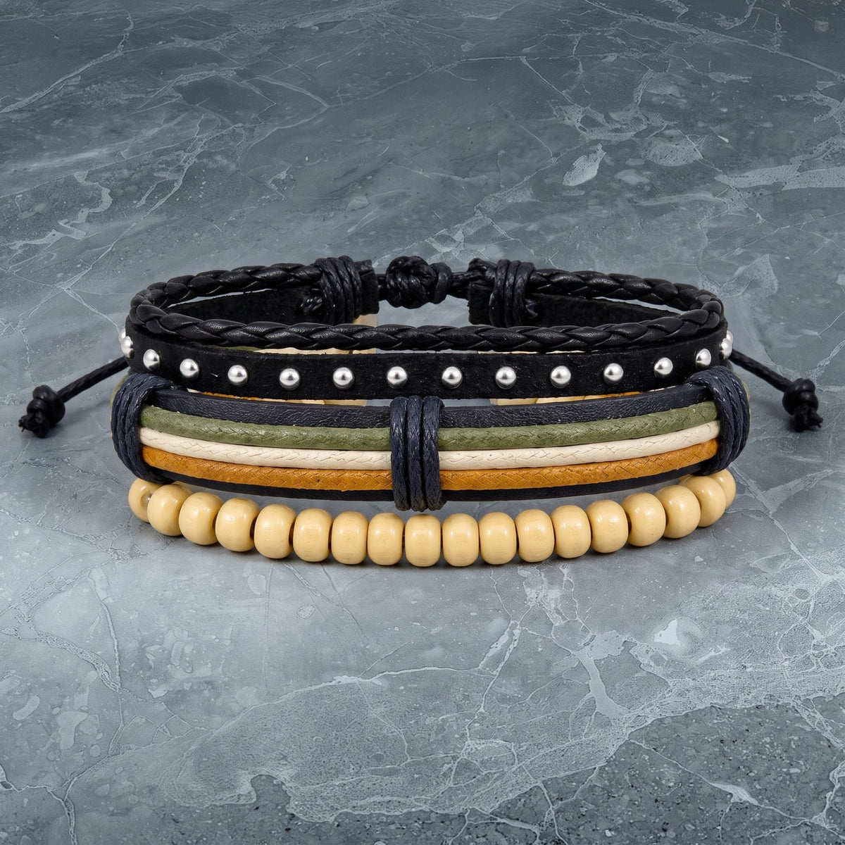 THE MEN THING Leather Bracelet DUNE TRIBAL - 3Pcs Genuine Leather Adjustable Bracelets Set for Men & Boys (8 inch)