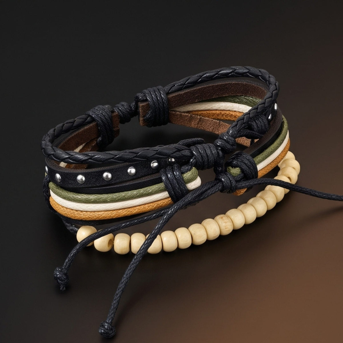 THE MEN THING Leather Bracelet DUNE TRIBAL - 3Pcs Genuine Leather Adjustable Bracelets Set for Men & Boys (8 inch)