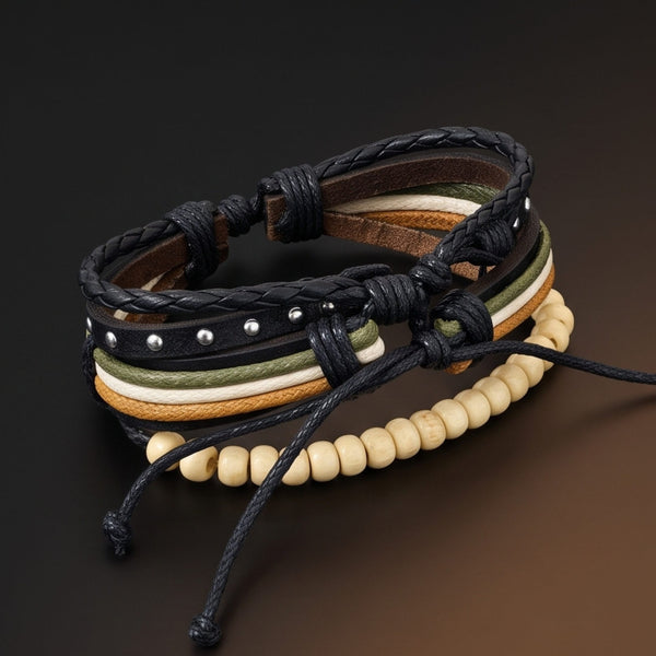 DUNE TRIBAL - 3Pcs Genuine Leather Adjustable Bracelets Set for Men & Boys (8 inch)