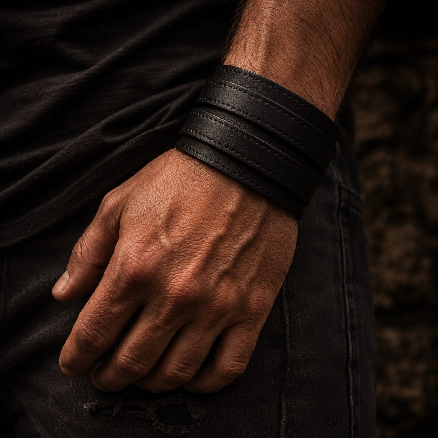 THE MEN THING Leather Bracelet DUSKFANG STRAP BLACK - Genuine Braided Leather Bracelet Set for Men & Boys (8 inch)