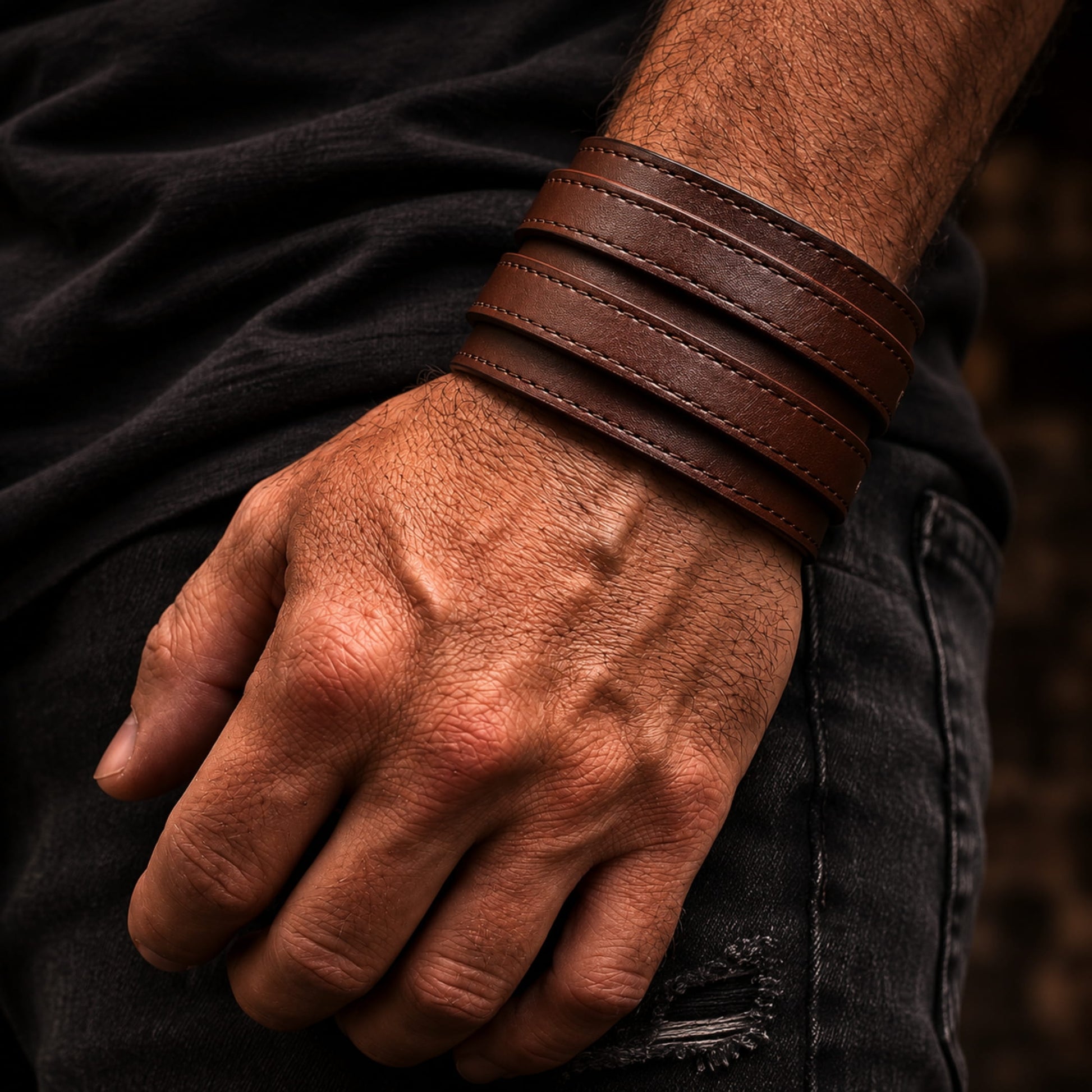THE MEN THING Leather Bracelet DUSKFANG STRAP BROWN - Genuine Braided Leather Bracelet Set for Men & Boys (8 inch)