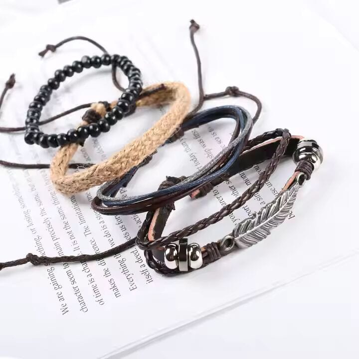 THE MEN THING Leather Bracelet EAGLE FEATHER CUFF  -  6 Pcs Genuine Braided Leather Bracelet Set for Men & Boys (8 inch)