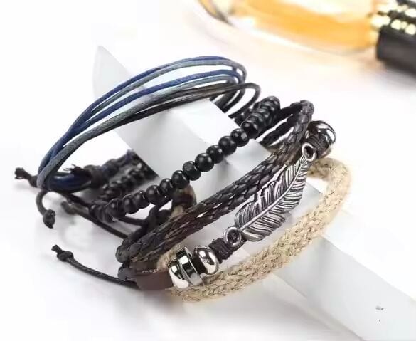 EAGLE FEATHER CUFF  -  6 Pcs Genuine Braided Leather Bracelet Set for Men & Boys (8 inch)