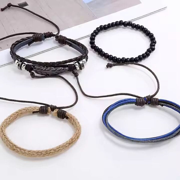EAGLE FEATHER CUFF  -  6 Pcs Genuine Braided Leather Bracelet Set for Men & Boys (8 inch)