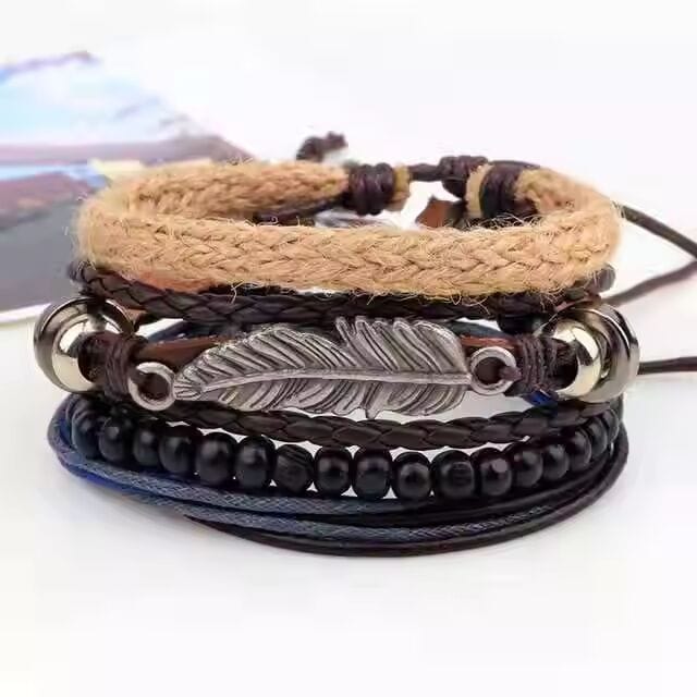 THE MEN THING Leather Bracelet EAGLE FEATHER CUFF  -  6 Pcs Genuine Braided Leather Bracelet Set for Men & Boys (8 inch)