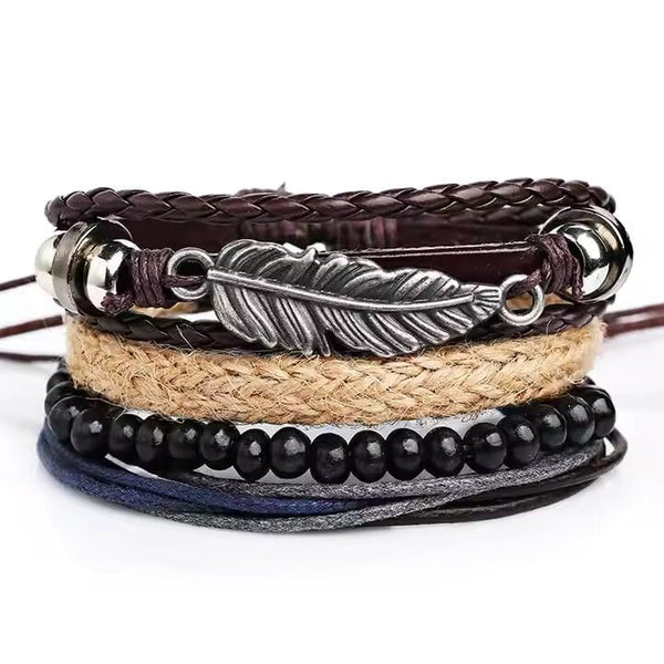 EAGLE FEATHER CUFF  -  6 Pcs Genuine Braided Leather Bracelet Set for Men & Boys (8 inch)