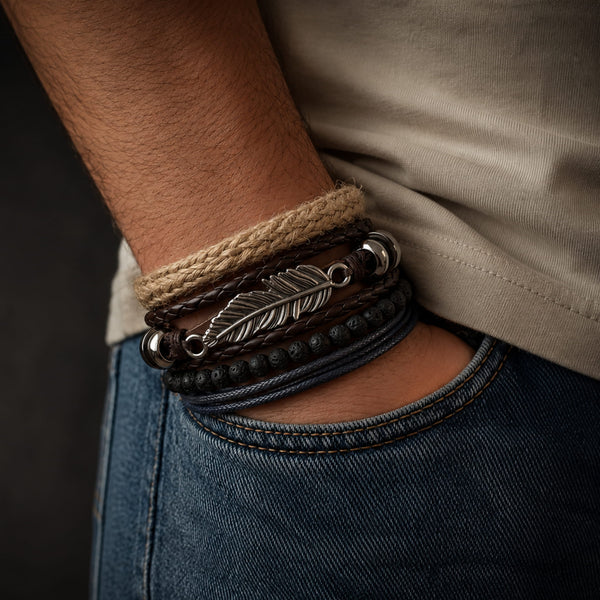 EAGLE FEATHER CUFF  -  6 Pcs Genuine Braided Leather Bracelet Set for Men & Boys (8 inch)