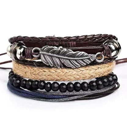 THE MEN THING Leather Bracelet EAGLE FEATHER CUFF 6 Pcs Genuine Leather Adjustable Bracelet Set for Men & Boys (8 inch)