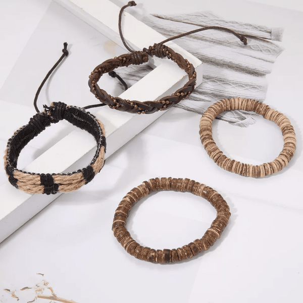 EARTHBOUND CUFFS - 4 Pcs Brown Genuine Braided Leather Bracelet Set for Men & Boys (8 inch)