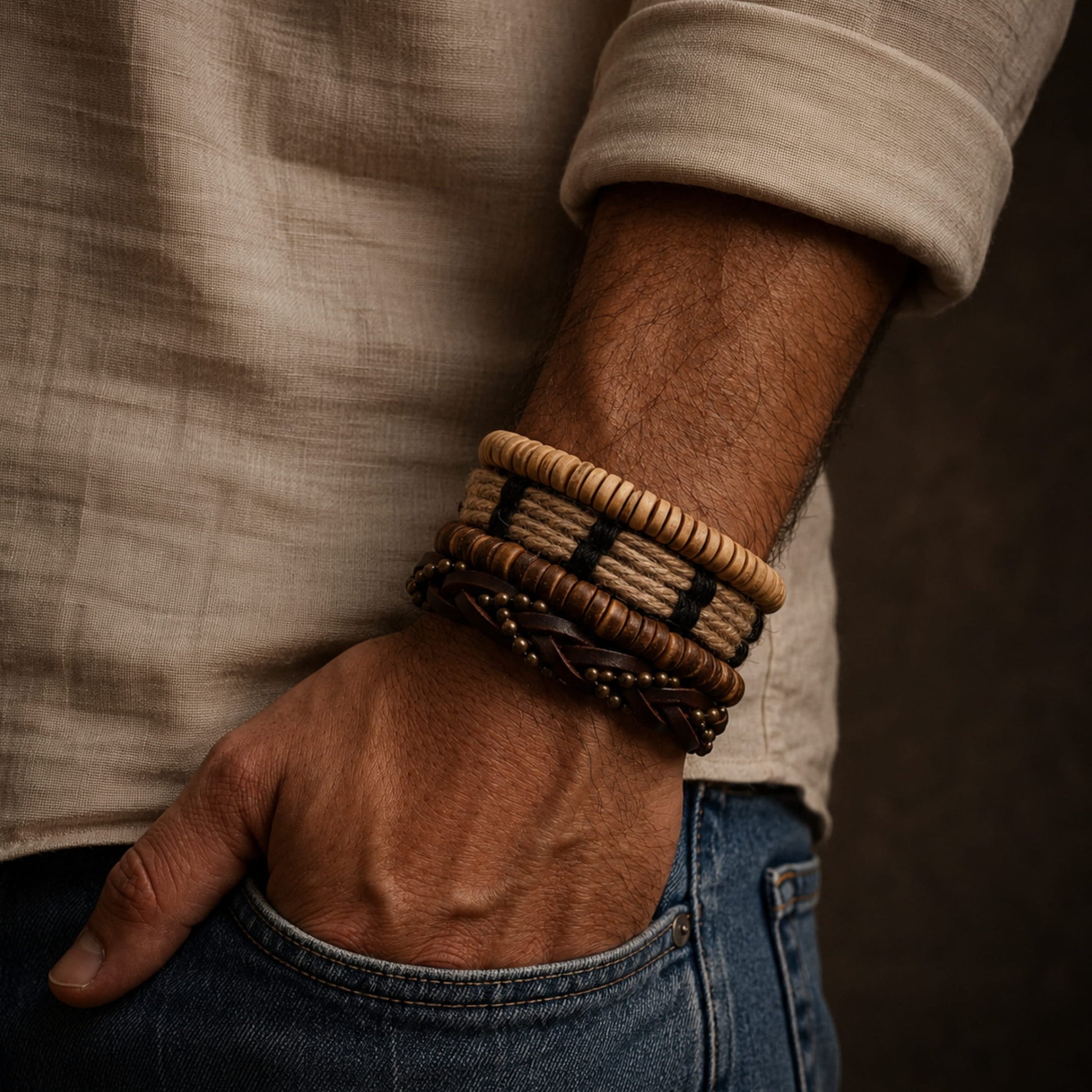 THE MEN THING Leather Bracelet EARTHBOUND CUFFS - 4 Pcs Brown Genuine Braided Leather Bracelet Set for Men & Boys (8 inch)