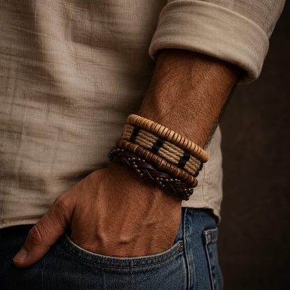 THE MEN THING Leather Bracelet EARTHBOUND CUFFS - 4 Pcs Brown Genuine Braided Leather Bracelet Set for Men & Boys (8 inch)