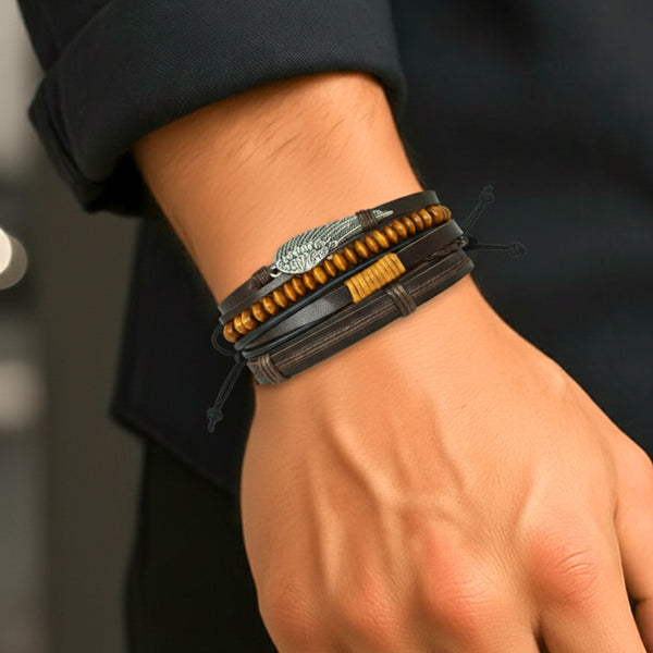 EARTHBOUND FEATHER - 4 Pcs Genuine Leather Adjustable Bracelet Set for Men & Boys (8 inch)