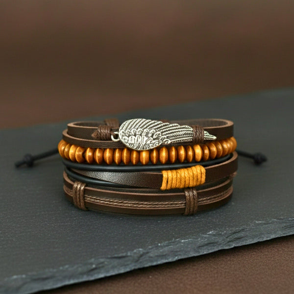 EARTHBOUND FEATHER - 4 Pcs Genuine Leather Adjustable Bracelet Set for Men & Boys (8 inch)
