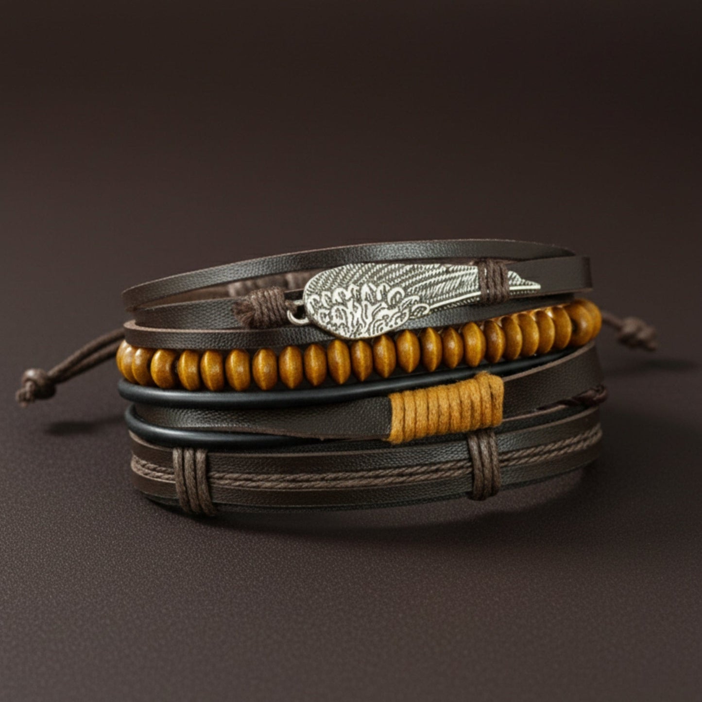 THE MEN THING Leather Bracelet EARTHBOUND FEATHER - 4 Pcs Genuine Leather Adjustable Bracelet Set for Men & Boys (8 inch)