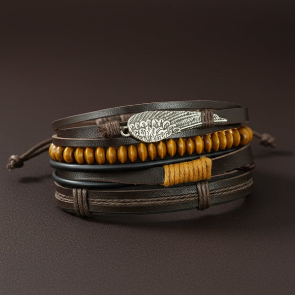 EARTHBOUND FEATHER - 4 Pcs Genuine Leather Adjustable Bracelet Set for Men & Boys (8 inch)