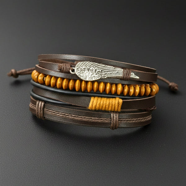EARTHBOUND FEATHER - 4 Pcs Genuine Leather Adjustable Bracelet Set for Men & Boys (8 inch)