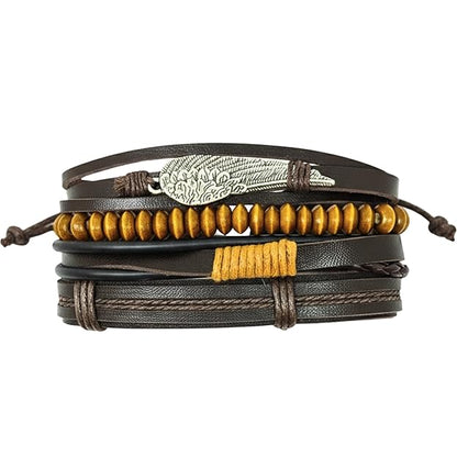 THE MEN THING Leather Bracelet EARTHBOUND FEATHER Set of 4 Genuine Braided Leather Adjustable Bracelets for Men & Boys – 8 Inch