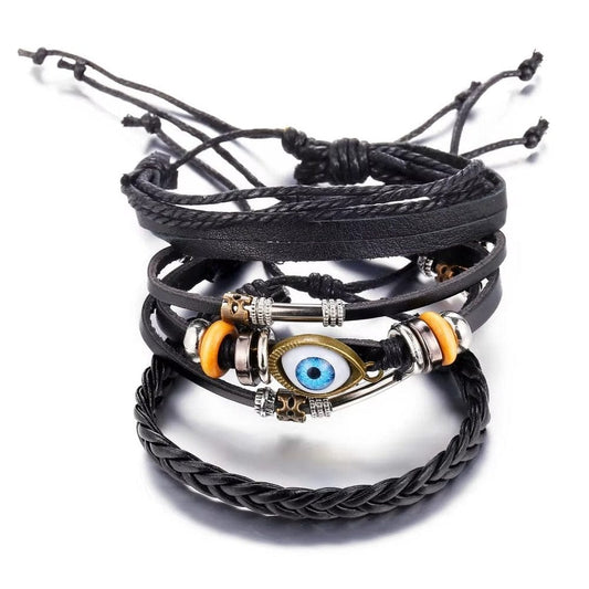 THE MEN THING Leather Bracelet ECLIPSE EYE LEATHER BRACELET - 3 Pcs Genuine Braided Leather Bracelet Set for Men & Boys (8 inch)