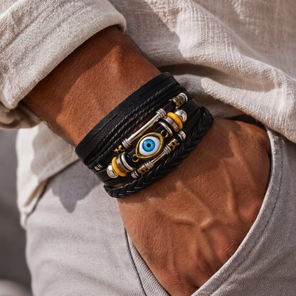 THE MEN THING Leather Bracelet ECLIPSE EYE LEATHER BRACELET - 3 Pcs Genuine Braided Leather Bracelet Set for Men & Boys (8 inch)