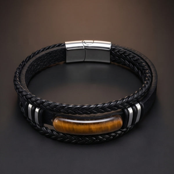 EMBER CLAW BLACK - 23mm Genuine Leather Multi-Layer Bracelet with Stainless Steel Magnetic Buckle for Men & Boys (8.5 inch)