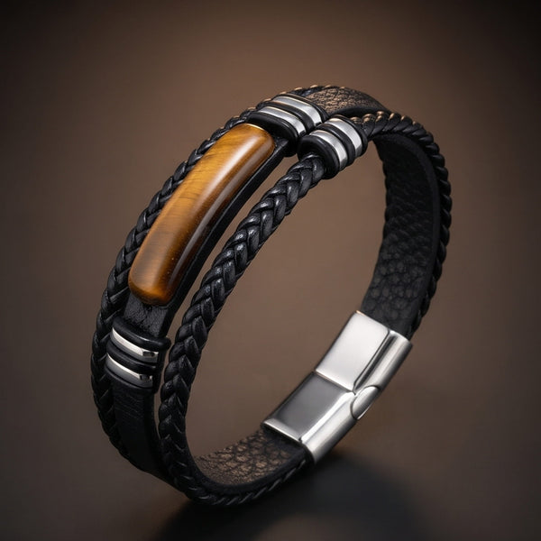 EMBER CLAW BLACK - 23mm Genuine Leather Multi-Layer Bracelet with Stainless Steel Magnetic Buckle for Men & Boys (8.5 inch)