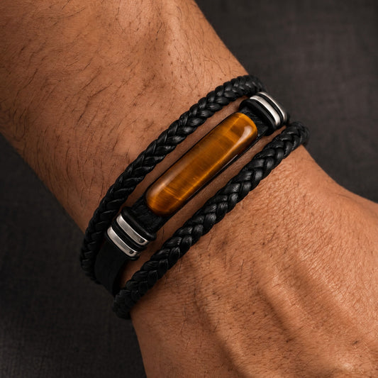 THE MEN THING Leather Bracelet EMBER CLAW BLACK - 23mm Genuine Leather Multi-Layer Bracelet with Stainless Steel Magnetic Buckle for Men & Boys (8.5 inch)