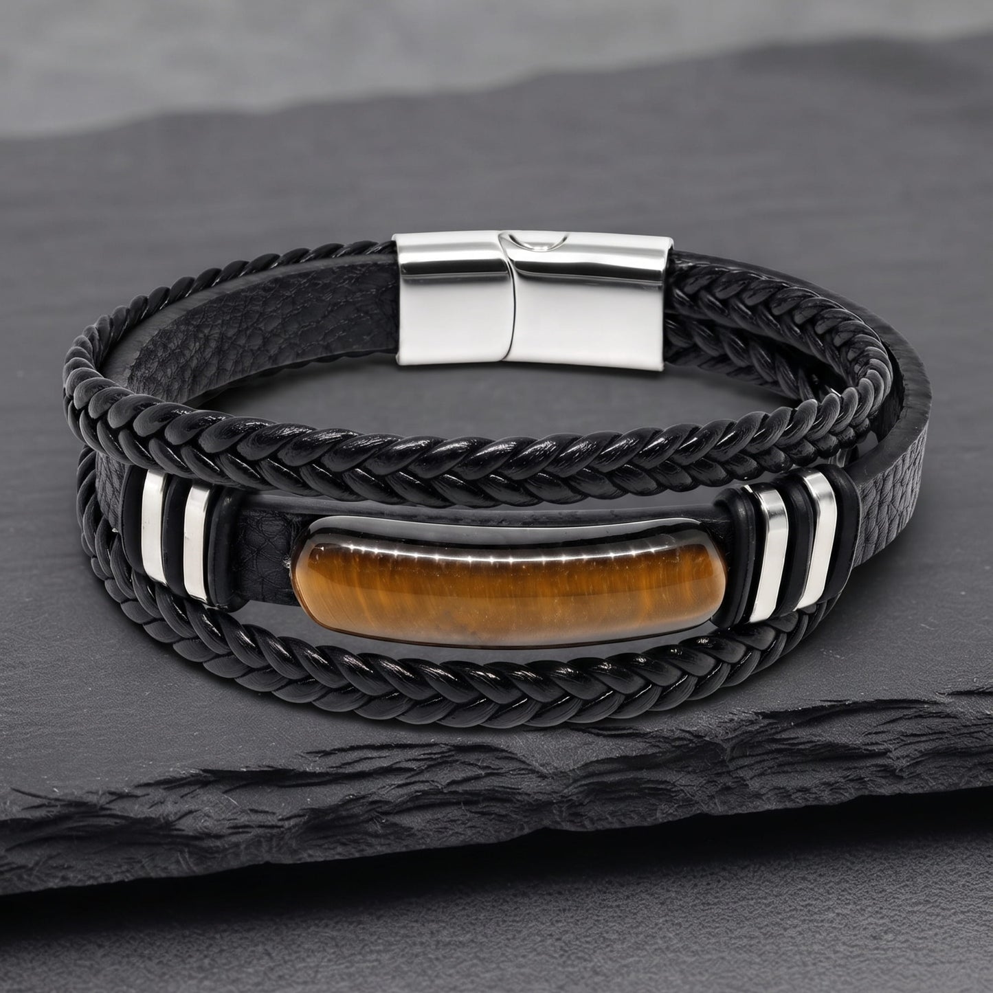 THE MEN THING Leather Bracelet EMBER CLAW BLACK - 23mm Genuine Leather Multi-Layer Bracelet with Stainless Steel Magnetic Buckle for Men & Boys (8.5 inch)
