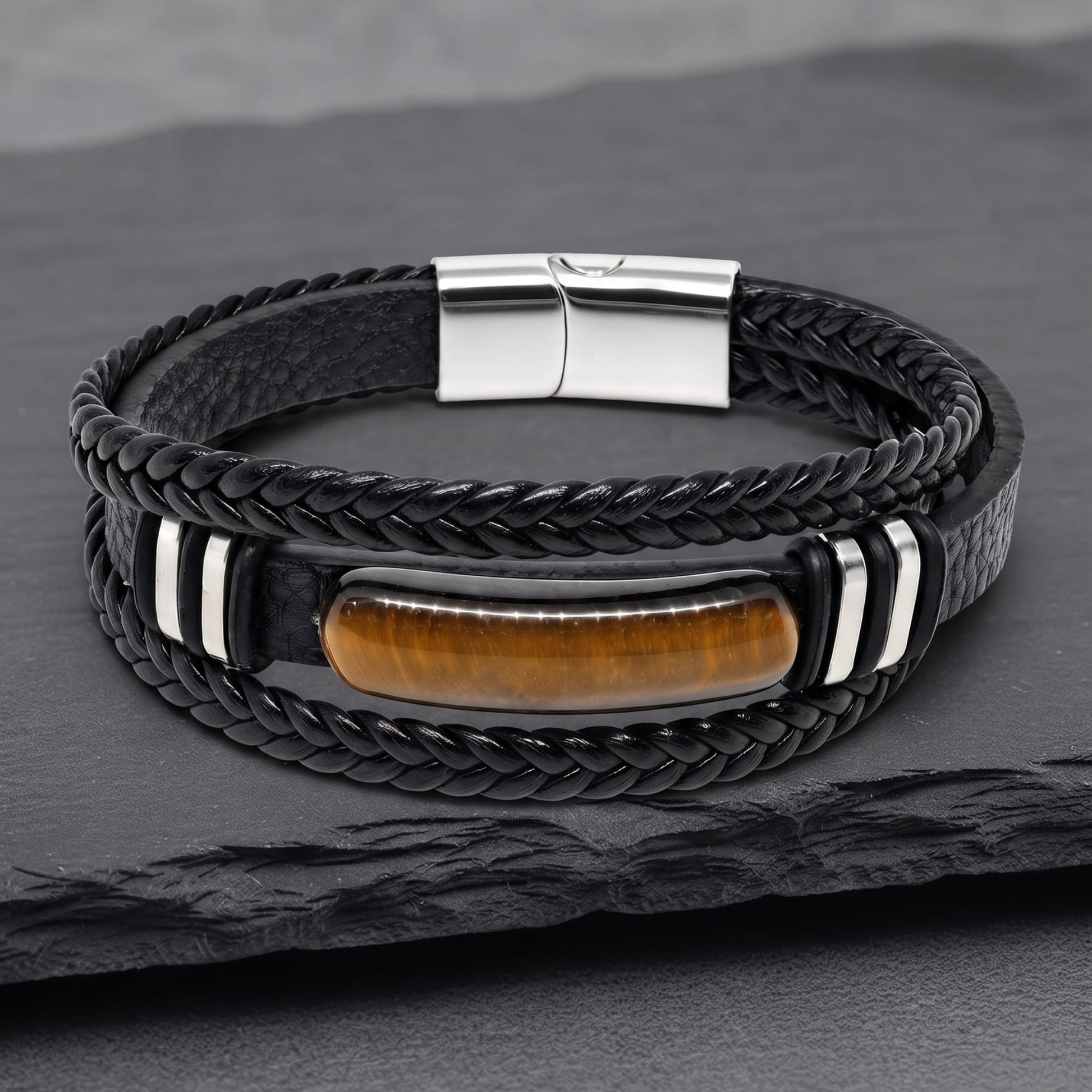 THE MEN THING Leather Bracelet EMBER CLAW BLACK - 23mm Genuine Leather Multi-Layer Bracelet with Stainless Steel Magnetic Buckle for Men & Boys (8.5 inch)