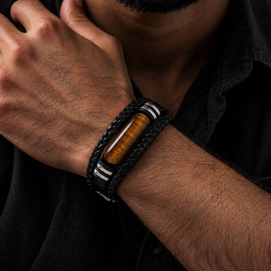 THE MEN THING Leather Bracelet EMBER CLAW BLACK - 23mm Genuine Leather Multi-Layer Bracelet with Stainless Steel Magnetic Buckle for Men & Boys (8.5 inch)