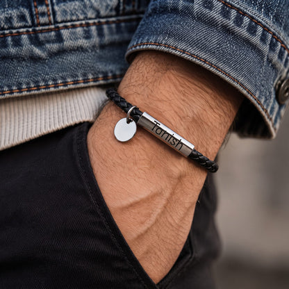 THE MEN THING Leather Bracelet ENGRAVED - BRAID BAR - 6mm Genuine Leather Bracelet with Stainless Steel Magnetic Barrel Clasp for Men & Boys (8 inch)
