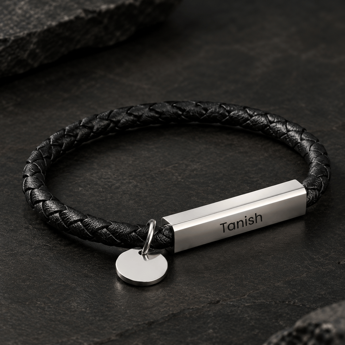 THE MEN THING Leather Bracelet ENGRAVED - BRAID BAR - 6mm Genuine Leather Bracelet with Stainless Steel Magnetic Barrel Clasp for Men & Boys (8 inch)