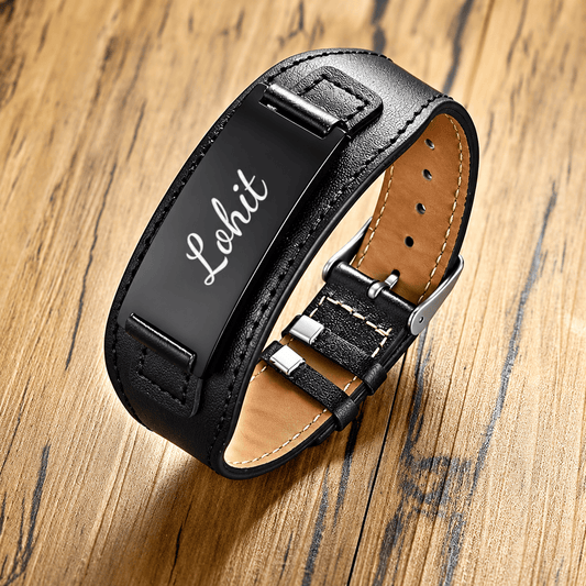 THE MEN THING Leather Bracelet ENGRAVED - DARKMATTER STRAP BLACK - Genuine Braided Leather Bracelet Set for Men & Boys (8 inch)