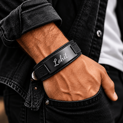 THE MEN THING Leather Bracelet ENGRAVED - DARKMATTER STRAP BLACK - Genuine Braided Leather Bracelet Set for Men & Boys (8 inch)