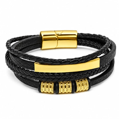 THE MEN THING Leather Bracelet ENGRAVED - GILDED SHADOW BLACK - 25mm Genuine Leather Multi-Layer Bracelet with Stainless Steel Magnetic Buckle for Men & Boys (8 inch)