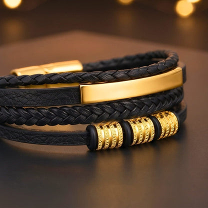 THE MEN THING Leather Bracelet ENGRAVED - GILDED SHADOW BLACK - 25mm Genuine Leather Multi-Layer Bracelet with Stainless Steel Magnetic Buckle for Men & Boys (8 inch)