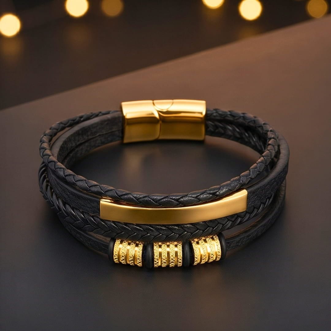 THE MEN THING Leather Bracelet ENGRAVED - GILDED SHADOW BLACK - 25mm Genuine Leather Multi-Layer Bracelet with Stainless Steel Magnetic Buckle for Men & Boys (8 inch)